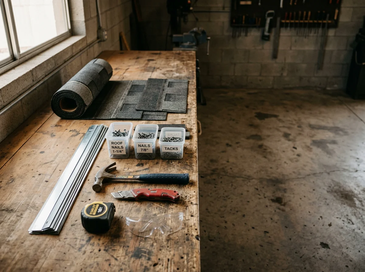 Roofing tools and materials organized on a work surface, representing professional roof repair and installation services.