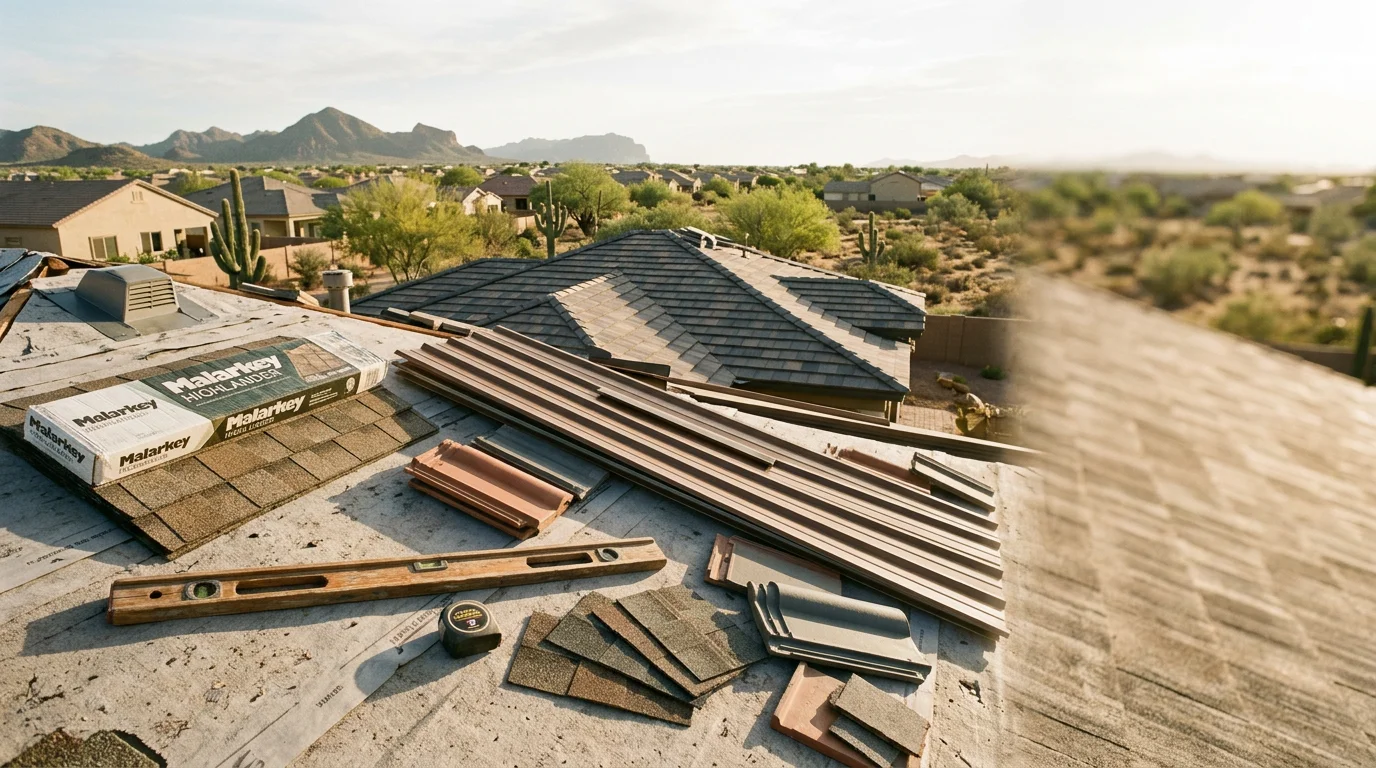 Stack of various roofing materials including shingles, metal panels, and clay tiles displayed outdoors