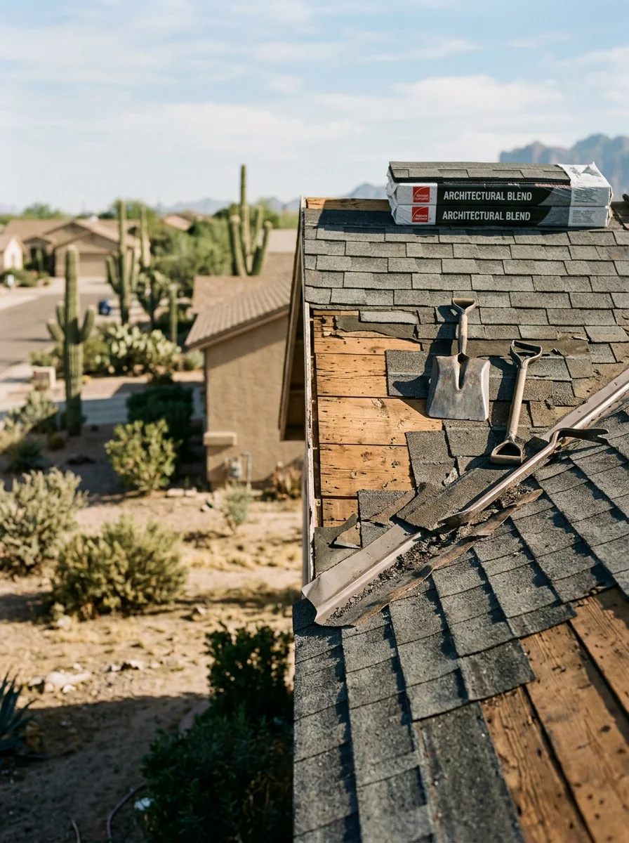 Roofing crew performing a full roof replacement on an older Apache Junction, AZ home, removing aged shingles and inspecting the decking below.