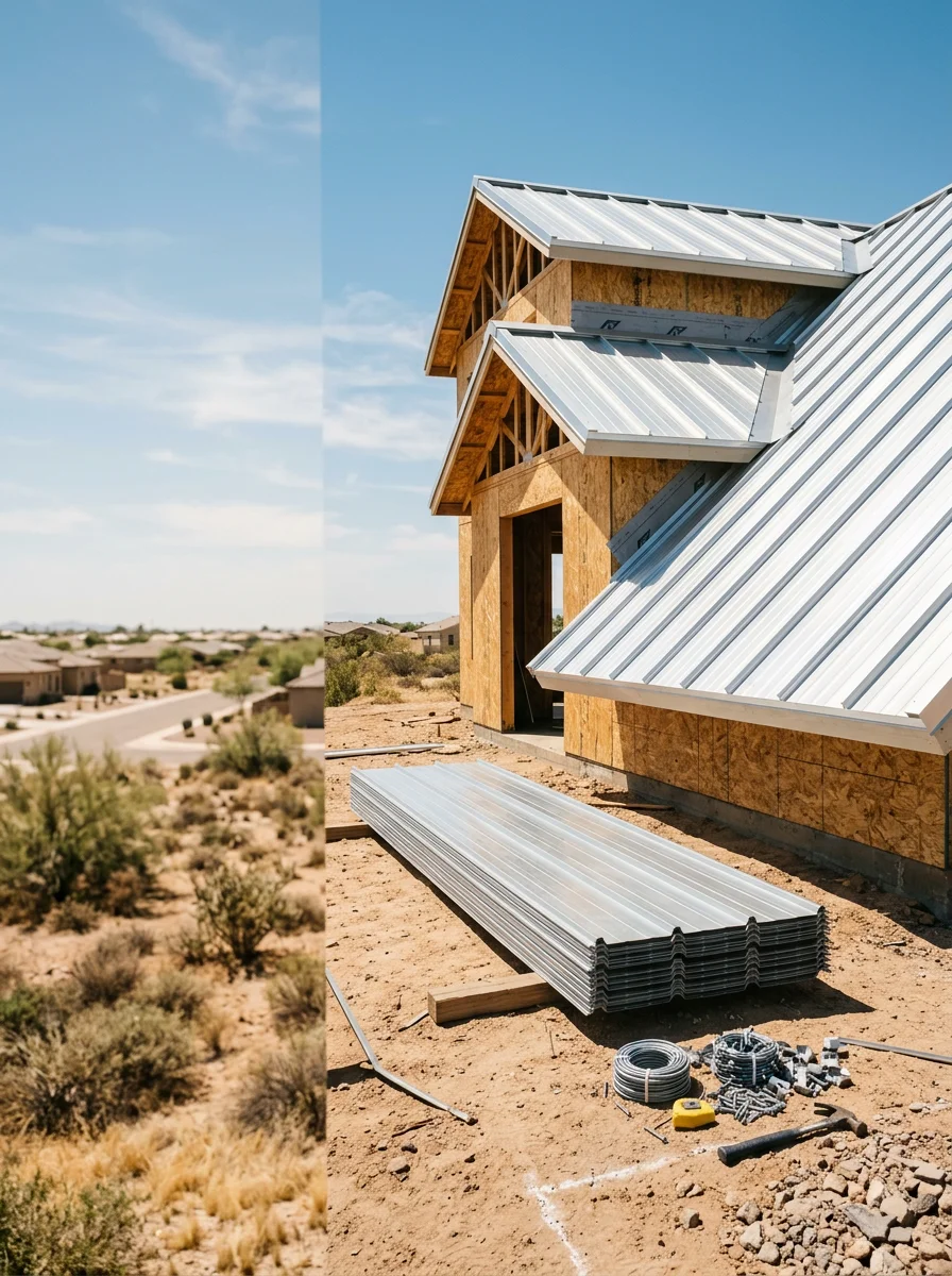 Metal roof installation on new construction home in Casa Grande, Arizona, showing heat-reflective panels and secure fastening