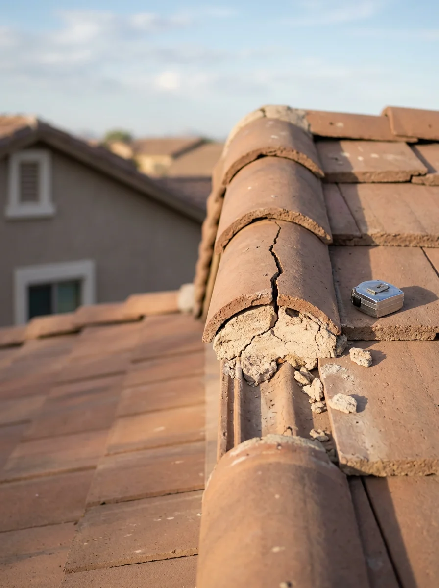 Close-up of a Chandler, AZ roof inspection showing cracked mortar at the ridge tile line on a home in an HOA subdivision.