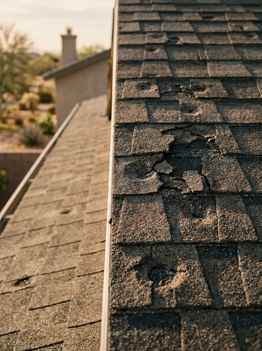 Close-up of hail damage on composition shingle roof in Coolidge neighborhood