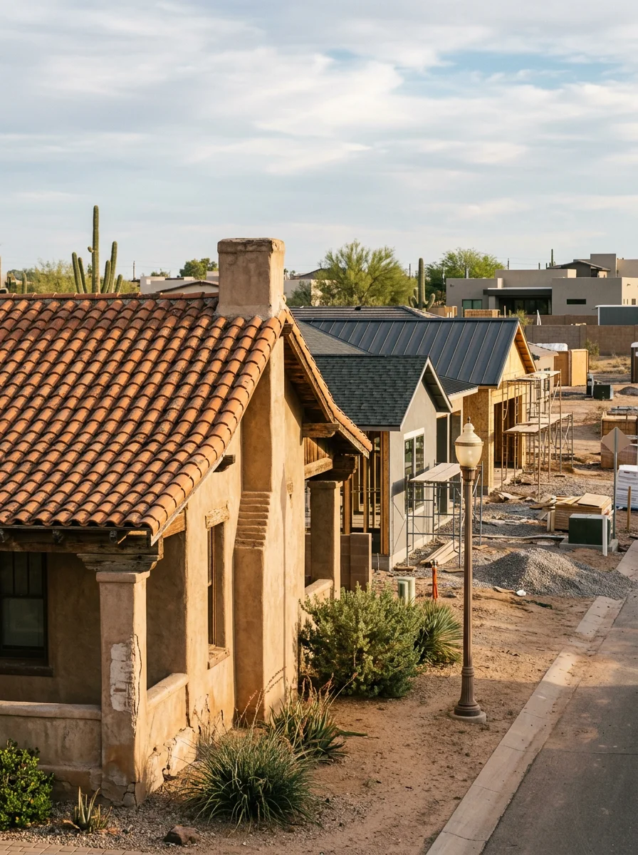 Historic Florence home with tile roofing and modern new construction neighborhood with metal and shingle roofs