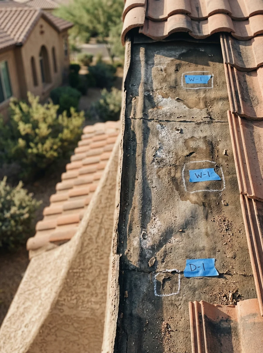 Close-up of a roofing crew inspecting tile underlayment on a Gilbert, AZ home during a post-monsoon damage assessment.