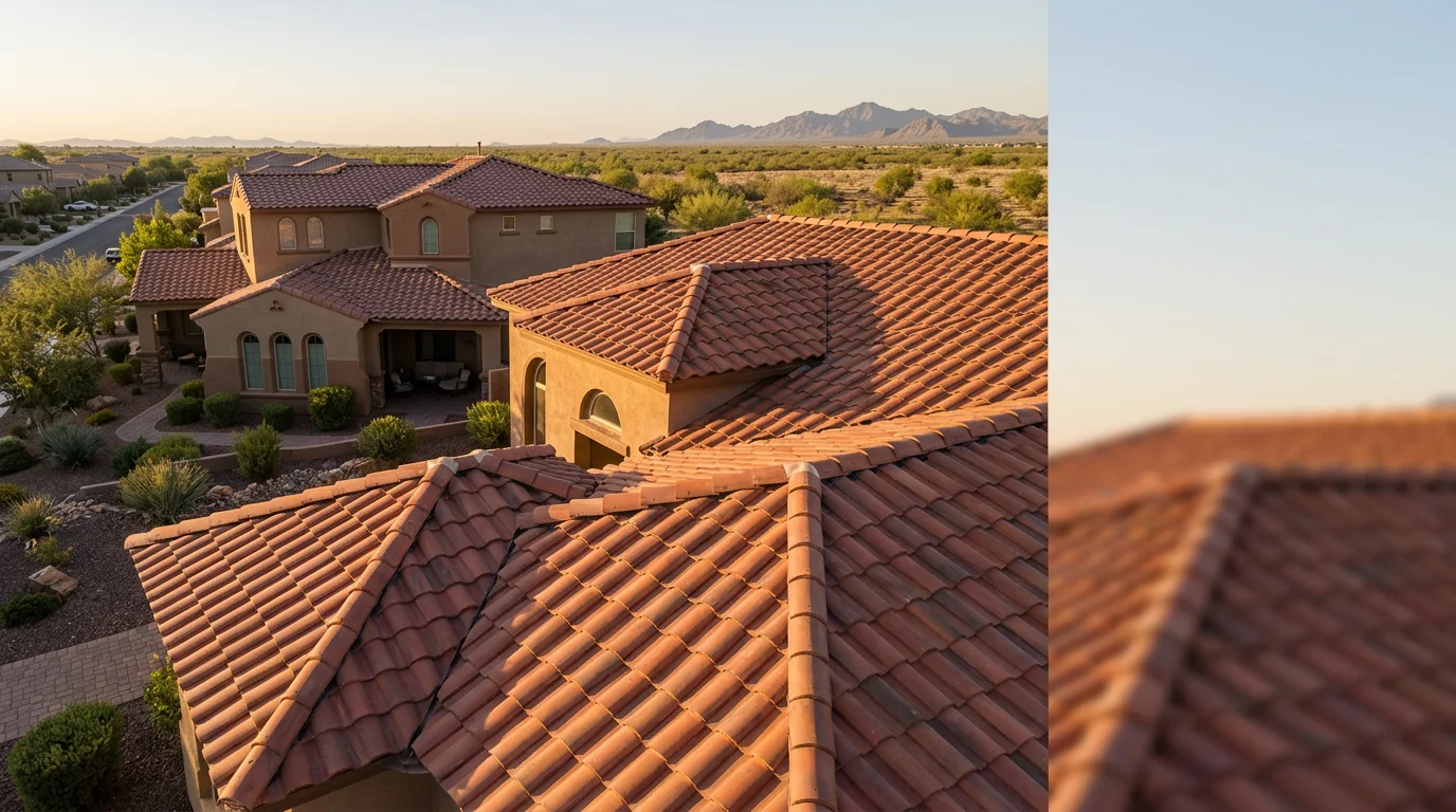 Aerial view of a tile roof on a master-planned community home in Gilbert, AZ, showing ridge tiles and a desert landscape in the background.