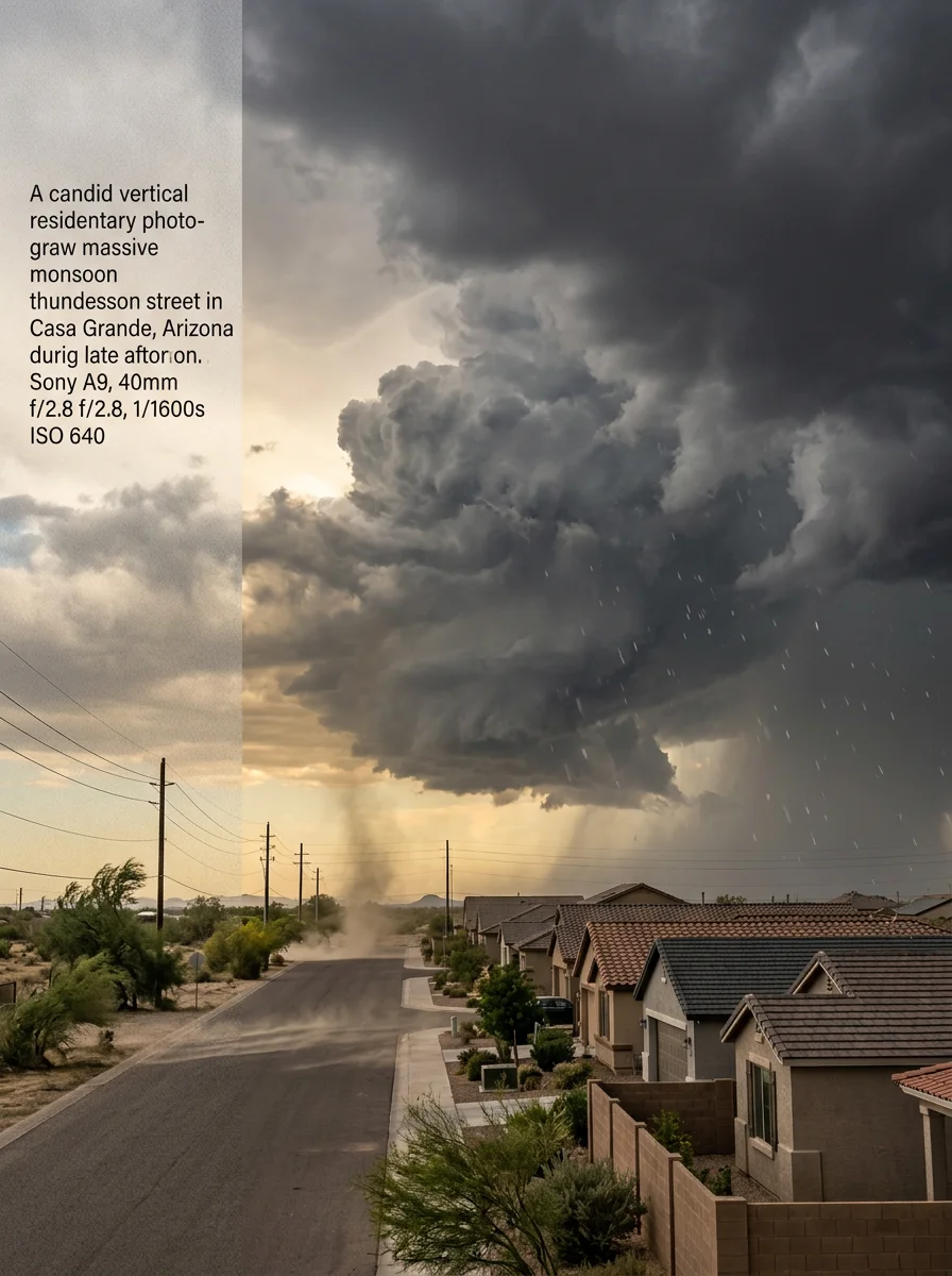 Monsoon storm clouds gathering over Maricopa homes, showing wind and hail risk to roofing systems