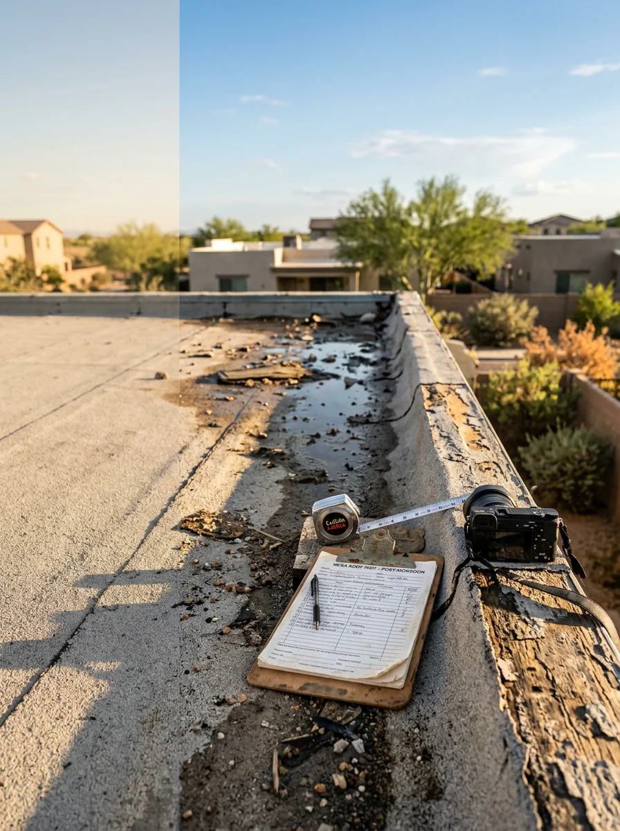 Roofing crew performing a post-monsoon storm damage inspection on a flat-roof home in central Mesa, AZ, documenting damage with photos.