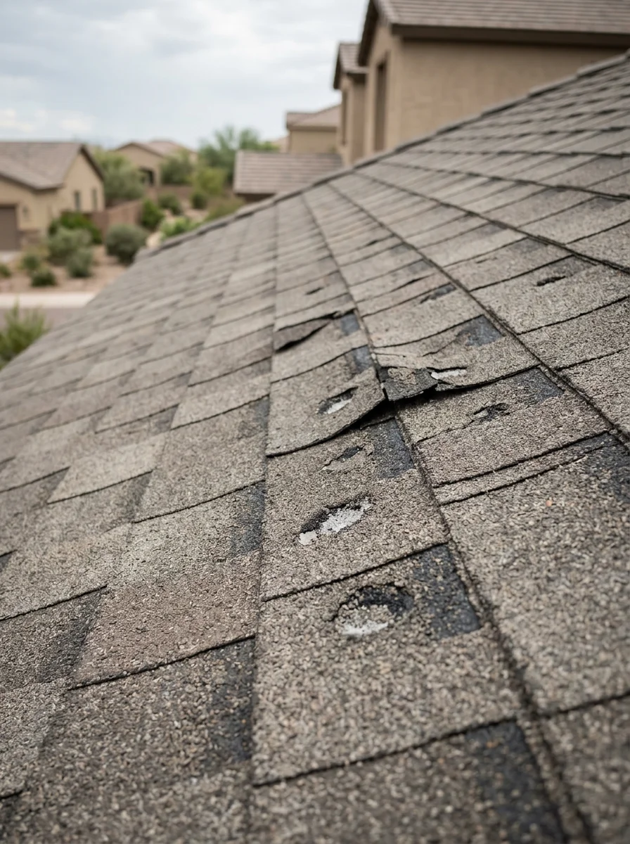 Storm damage inspection on Phoenix roof showing hail impact and wind-driven rain vulnerability after monsoon season