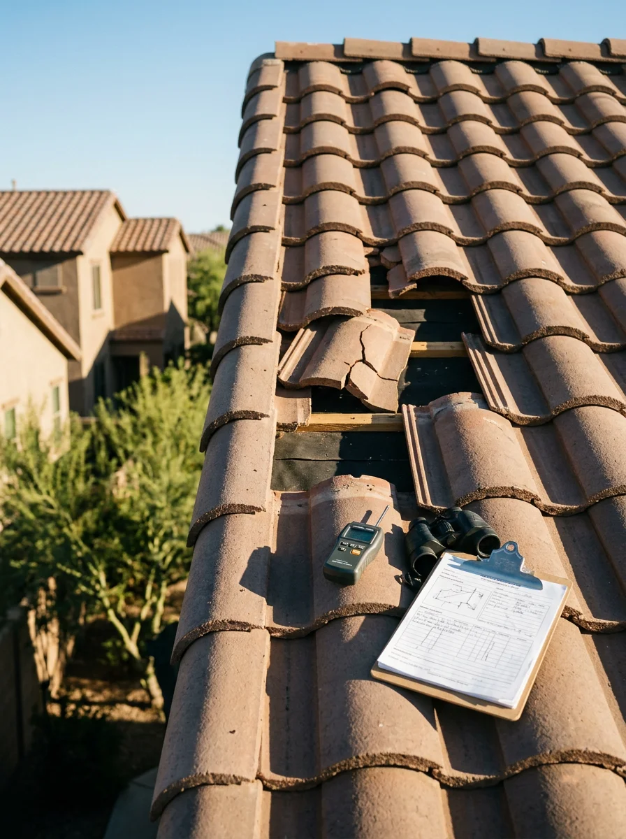 Roofing crew inspecting storm damage on a tile roof in a Queen Creek, AZ HOA subdivision after a monsoon event.