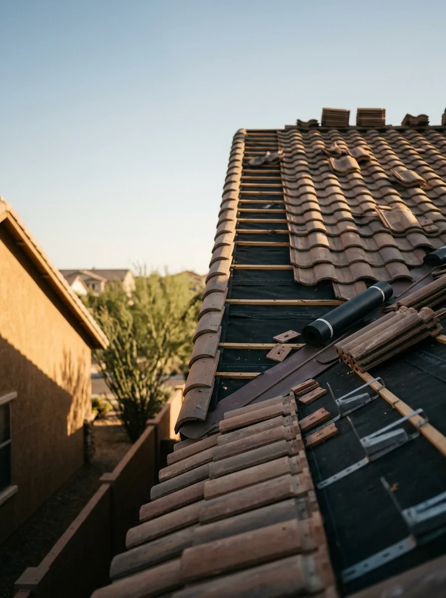 Roofing crew replacing underlayment beneath clay tile on a San Tan Valley, AZ home in the Johnson Ranch community.