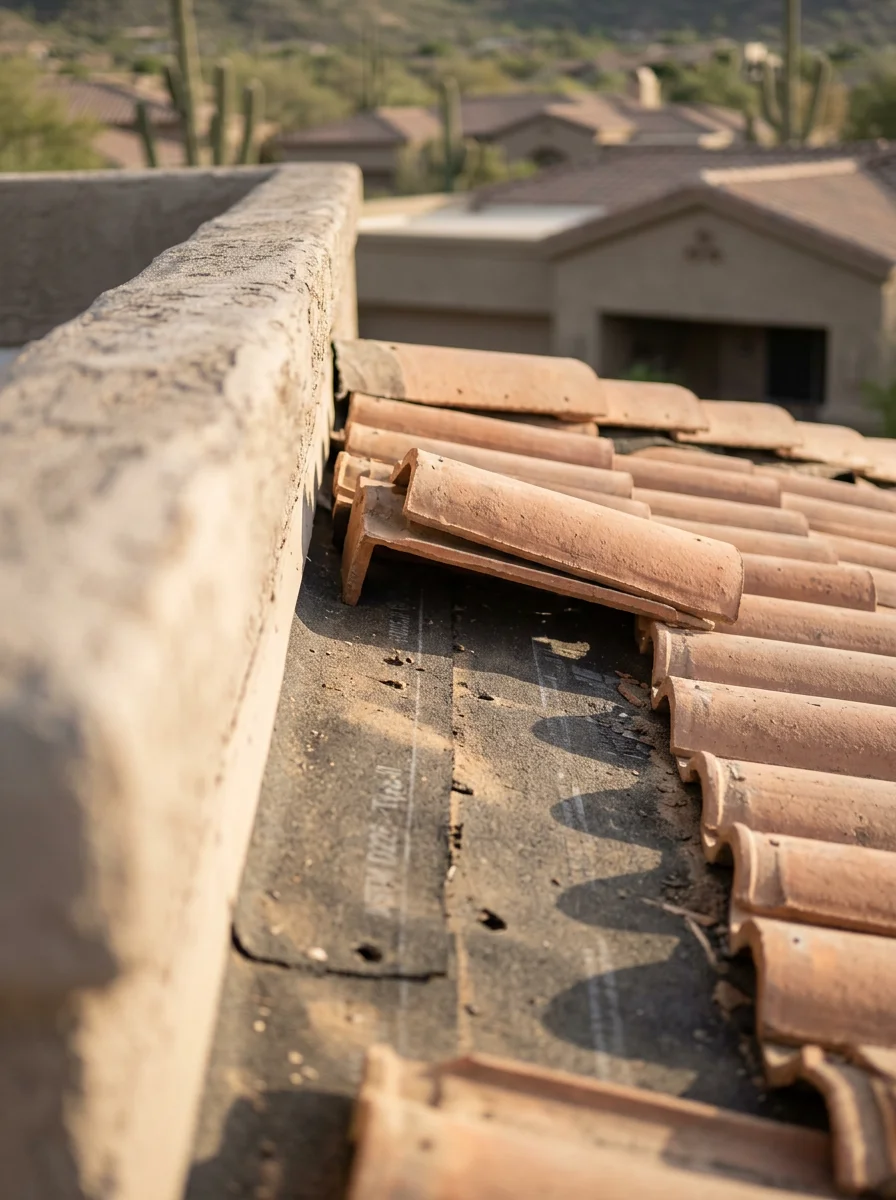 Roofing crew inspecting underlayment beneath lifted tile on a central Scottsdale, AZ home during a scheduled roof assessment.