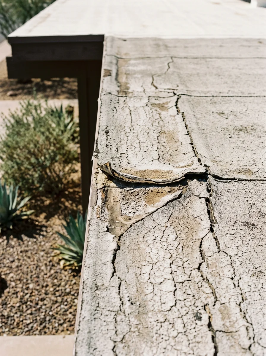 Close-up of a worn flat roof coating on a 1970s Tempe, AZ home showing cracking and seam separation that requires restoration.