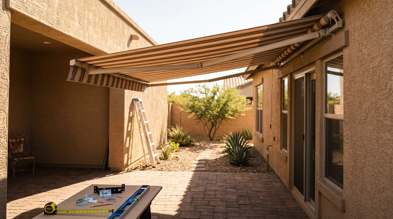 A residential awning installed over a back patio in Gilbert, Arizona, casting shade across the outdoor seating area on a sunny day. The awning extends from the rear wall of a single-story home with a desert landscape visible in the background.