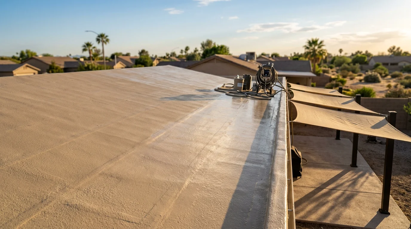Close-up view of a white elastomeric-coated foam roof on a flat-section Gilbert home, with a patio awning visible below providing shade over an outdoor seating area.