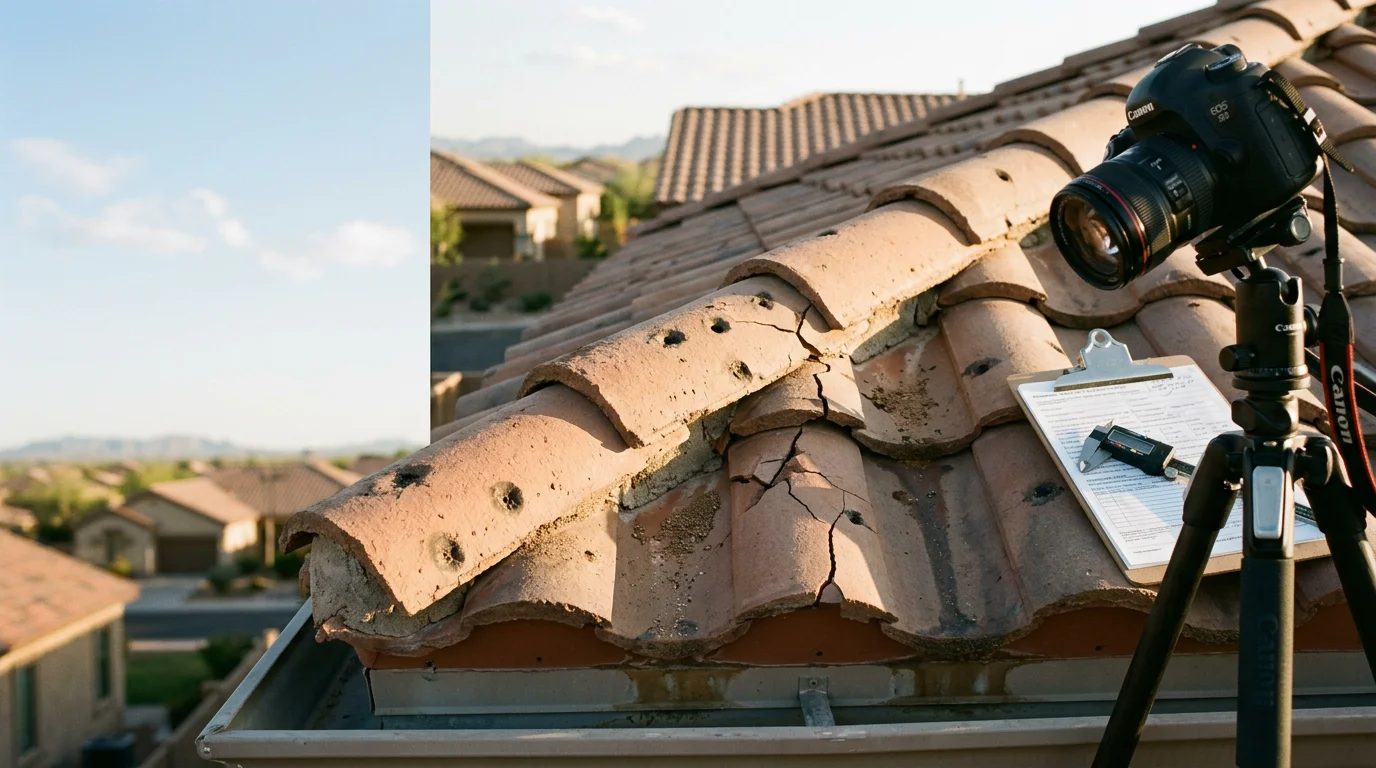 A roofing contractor inspecting hail and wind damage on a tile roof at a Gilbert, Arizona home after a monsoon storm. Cracked tiles and displaced flashing are visible in the afternoon sun.