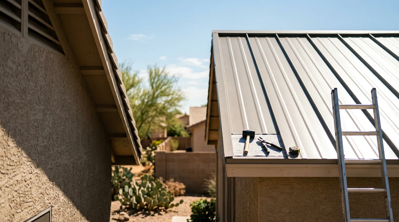 A completed metal roof installation on a single-story stucco home in Gilbert, Arizona. The panels run in clean horizontal lines with a finish suited to the desert landscape and bright Arizona sky.