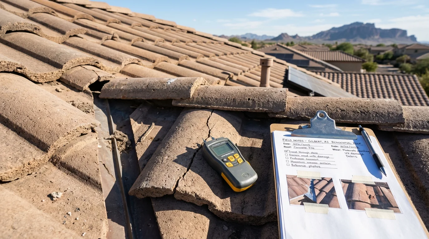 AIM Roofing inspector examining the tile roofing surface and flashing on a Gilbert, Arizona home. Close-up view showing the inspection of roof penetrations and field tiles under bright desert sunlight.