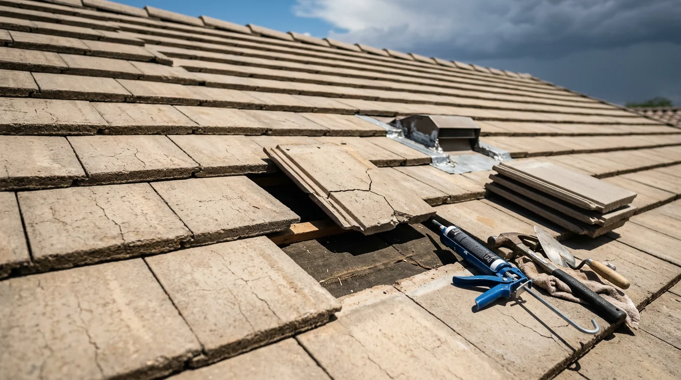 A roofing contractor repairing cracked clay tiles on a residential roof in Gilbert, Arizona, with desert landscaping visible in the background. Close-up view shows fresh tile replacement and sealed flashing around a roof vent.