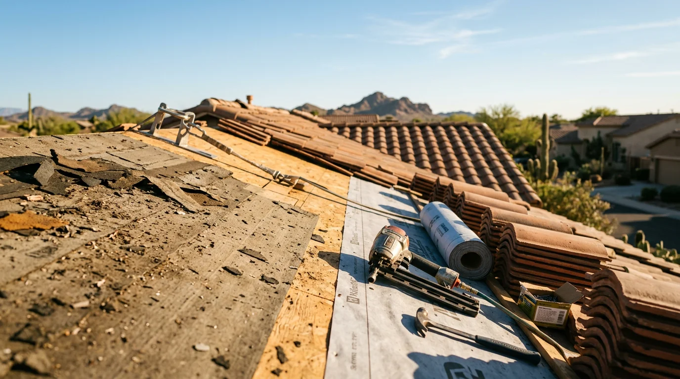A completed residential roof replacement on a single-family home in Gilbert, Arizona, showing fresh roofing material installed across the full surface under clear desert sky. The finished roof sits above a typical East Valley stucco home with a clean roofline and no visible damage or missing material.
