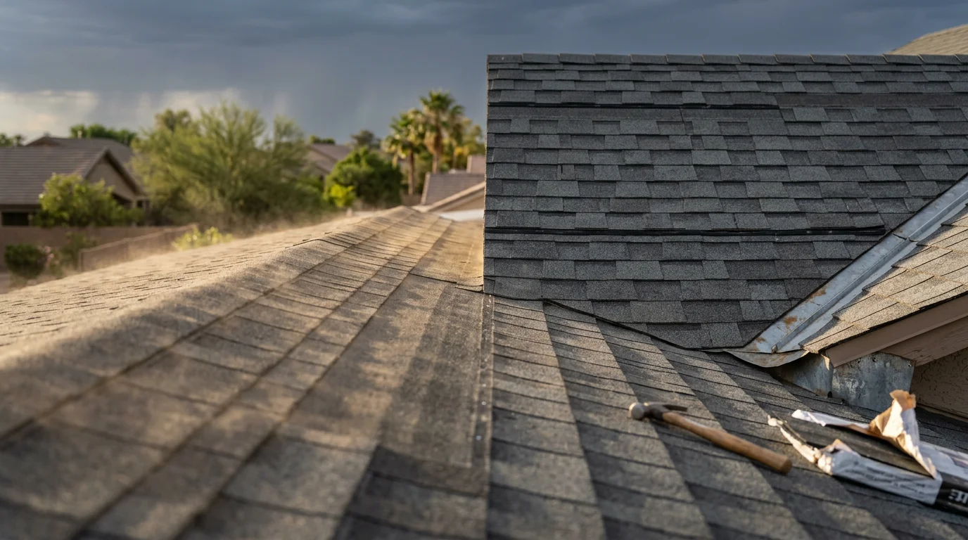 A completed shingle roof replacement on a single-story residential home in Gilbert, Arizona, showing uniform shingle alignment and finished ridge cap under clear desert sky. Close view of the roof field and eave edge with no visible gaps or lifted tabs.