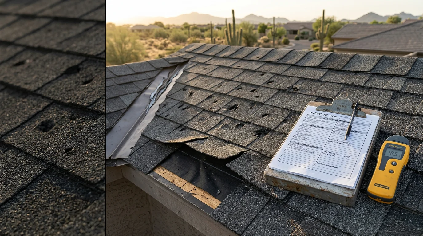 A Gilbert, Arizona tile roof showing wind-lifted tiles and cracked sections following a monsoon storm. An AIM Roofing crew member inspects the damage from the rooftop against a desert sky.