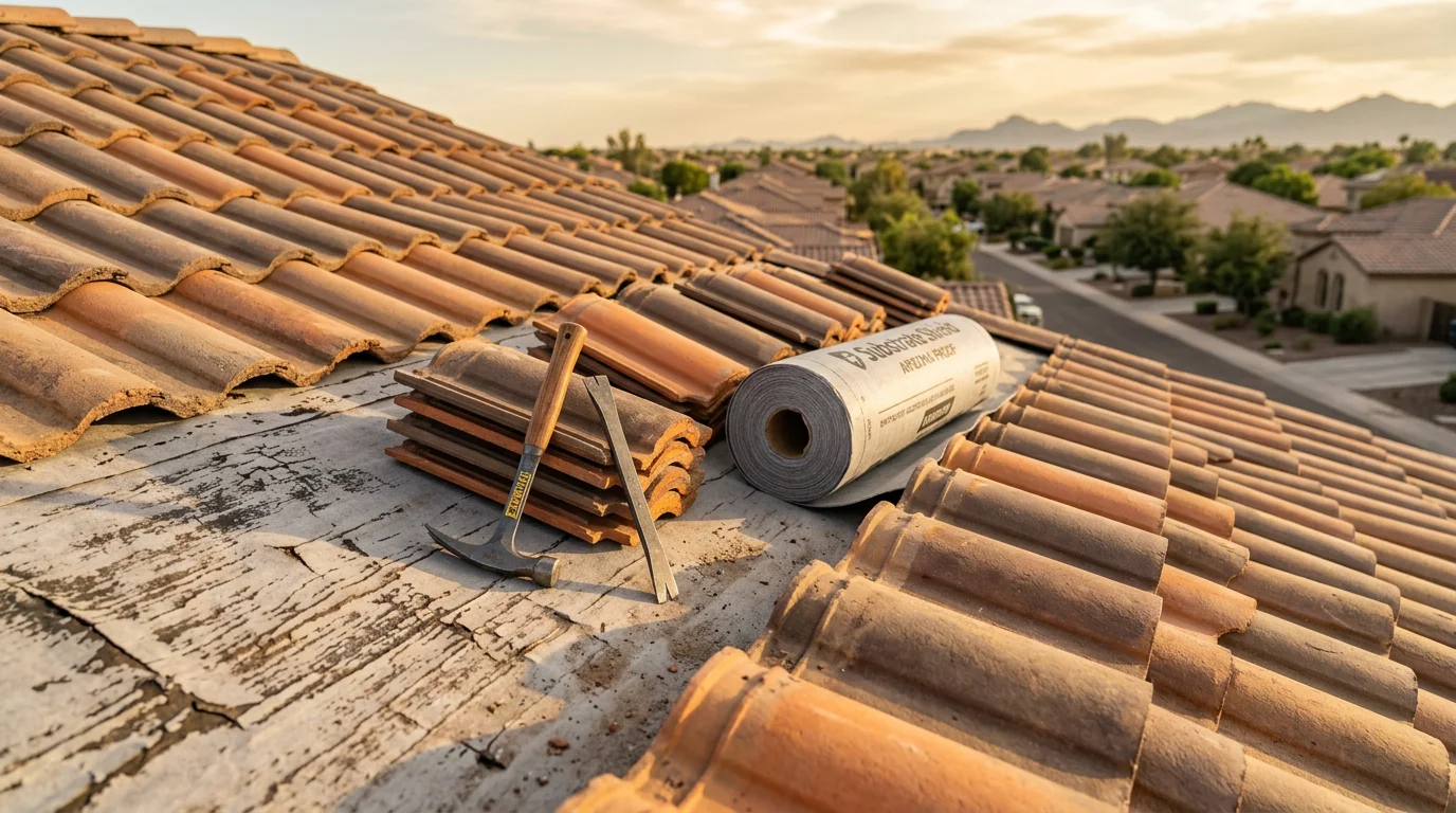 Close-up view of a concrete tile roof on a Gilbert, Arizona home showing field tile and flashing detail along a valley. The surrounding East Valley desert landscape is visible in the background.